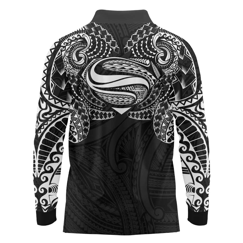 Super Samoan Traditional Tribal Art Tattoos Long Sleeve Polo Shirt Black Color - Polynesian Pride