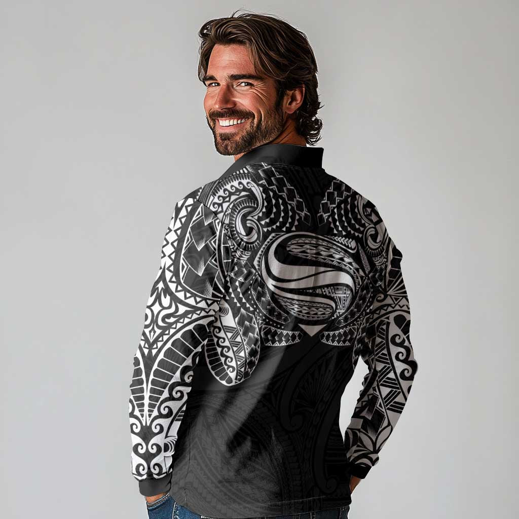 Super Samoan Traditional Tribal Art Tattoos Long Sleeve Polo Shirt Black Color - Polynesian Pride