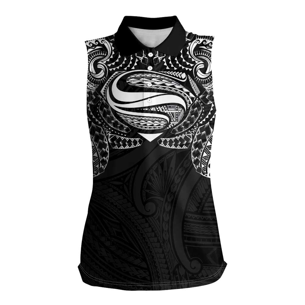 Super Samoan Traditional Tribal Art Tattoos Women Sleeveless Polo Shirt Black Color - Polynesian Pride