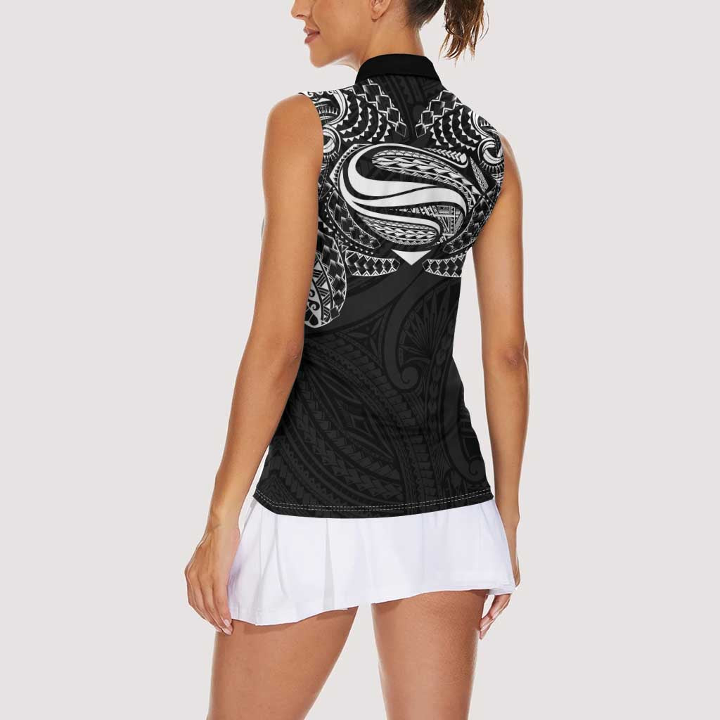 Super Samoan Traditional Tribal Art Tattoos Women Sleeveless Polo Shirt Black Color - Polynesian Pride