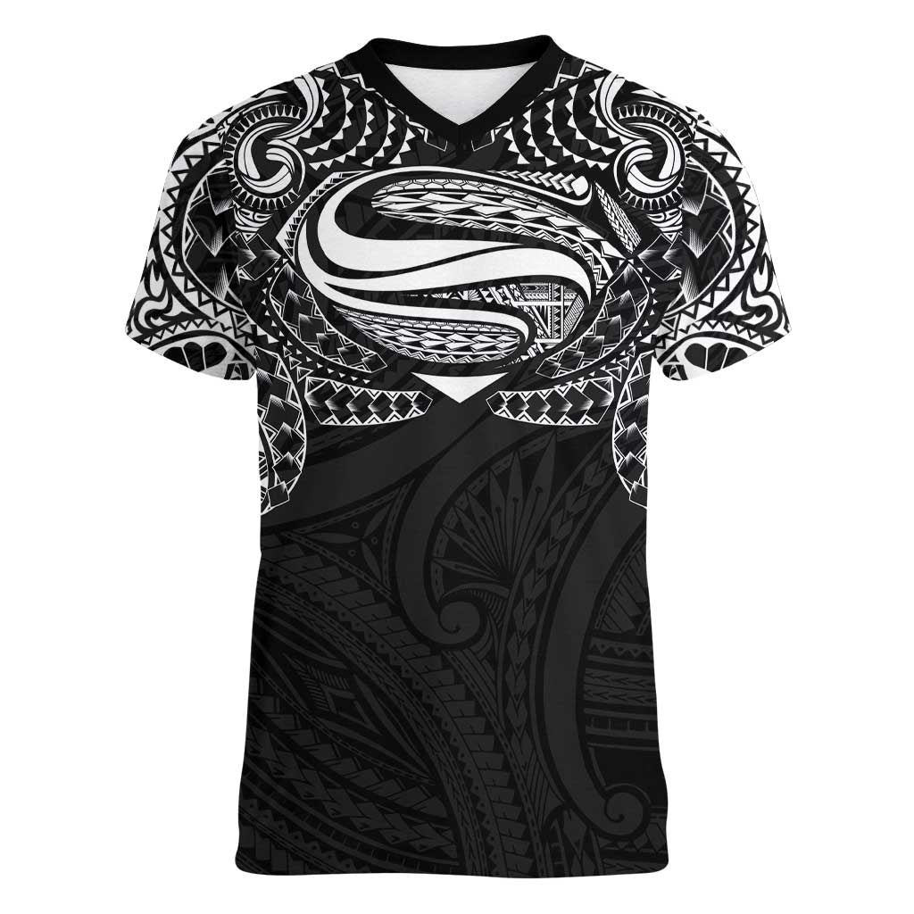 Super Samoan Traditional Tribal Art Tattoos Women V-Neck T-Shirt Black Color - Polynesian Pride