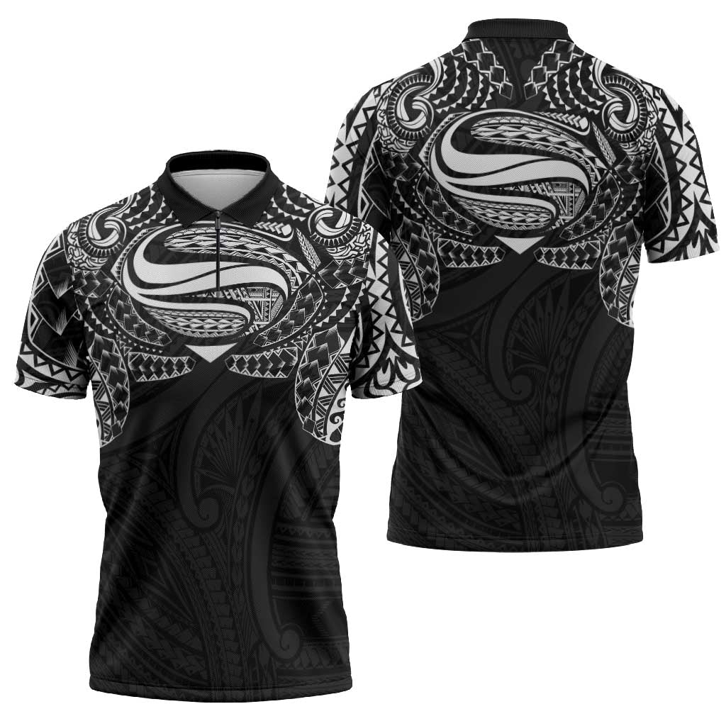 Super Samoan Traditional Tribal Art Tattoos Zipper Polo Shirt Black Color - Polynesian Pride