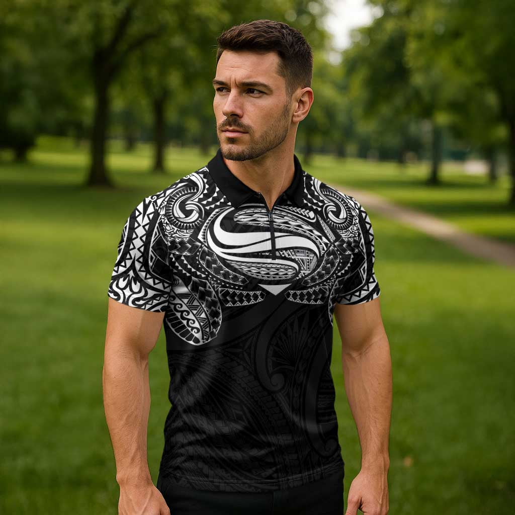 Super Samoan Traditional Tribal Art Tattoos Zipper Polo Shirt Black Color - Polynesian Pride