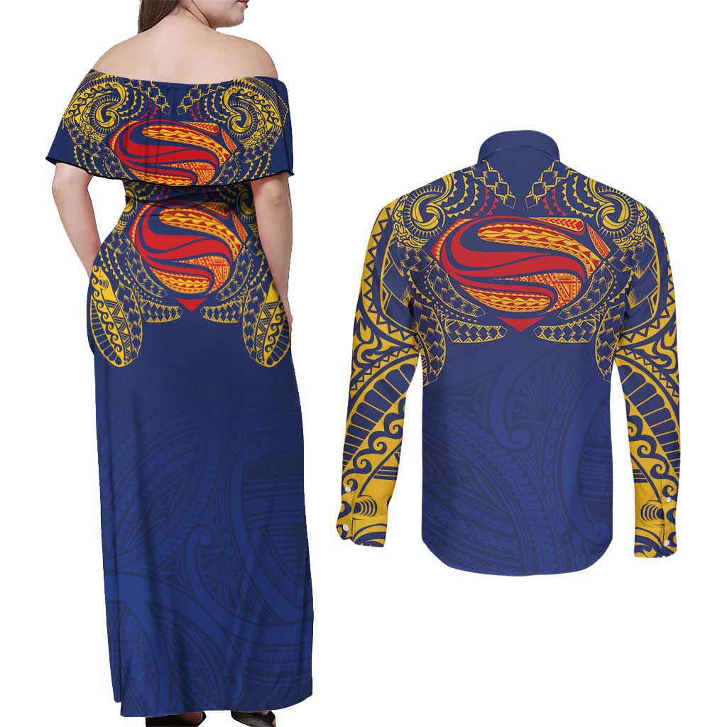Super Samoan Traditional Tribal Art Tattoos Couples Matching Off Shoulder Maxi Dress and Long Sleeve Button Shirt Blue Color - Polynesian Pride