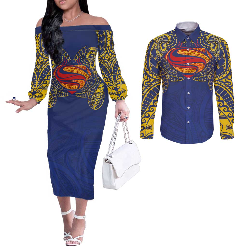 Super Samoan Traditional Tribal Art Tattoos Couples Matching Off The Shoulder Long Sleeve Dress and Long Sleeve Button Shirt Blue Color - Polynesian Pride