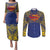 Super Samoan Traditional Tribal Art Tattoos Couples Matching Puletasi and Long Sleeve Button Shirt Blue Color - Polynesian Pride