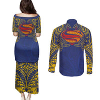 Super Samoan Traditional Tribal Art Tattoos Couples Matching Puletasi and Long Sleeve Button Shirt Blue Color - Polynesian Pride