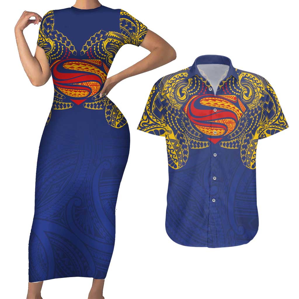 Super Samoan Traditional Tribal Art Tattoos Couples Matching Short Sleeve Bodycon Dress and Hawaiian Shirt Blue Color - Polynesian Pride