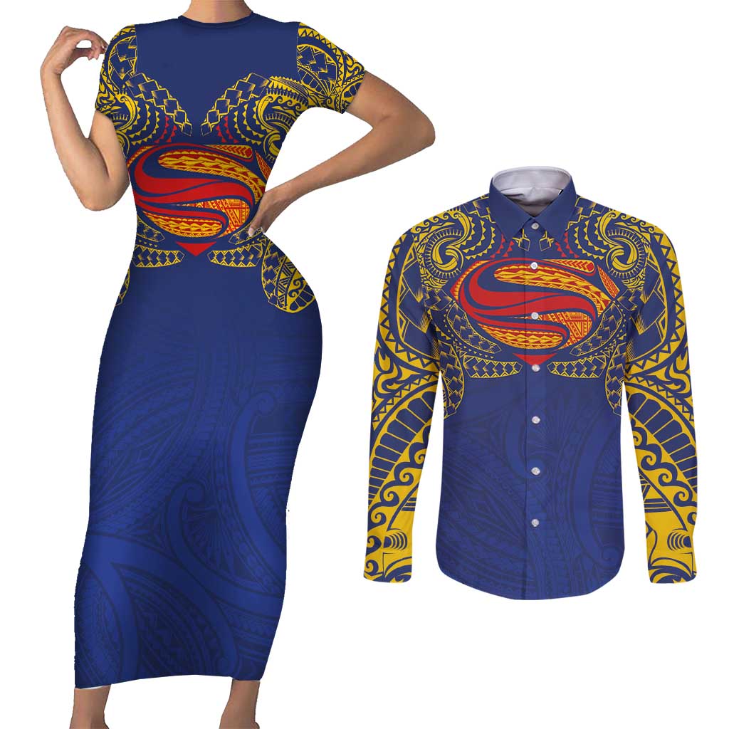 Super Samoan Traditional Tribal Art Tattoos Couples Matching Short Sleeve Bodycon Dress and Long Sleeve Button Shirt Blue Color - Polynesian Pride