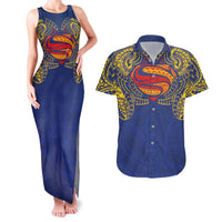 Super Samoan Traditional Tribal Art Tattoos Couples Matching Tank Maxi Dress and Hawaiian Shirt Blue Color - Polynesian Pride