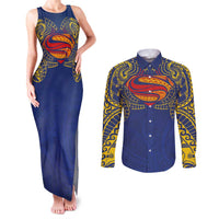 Super Samoan Traditional Tribal Art Tattoos Couples Matching Tank Maxi Dress and Long Sleeve Button Shirt Blue Color - Polynesian Pride