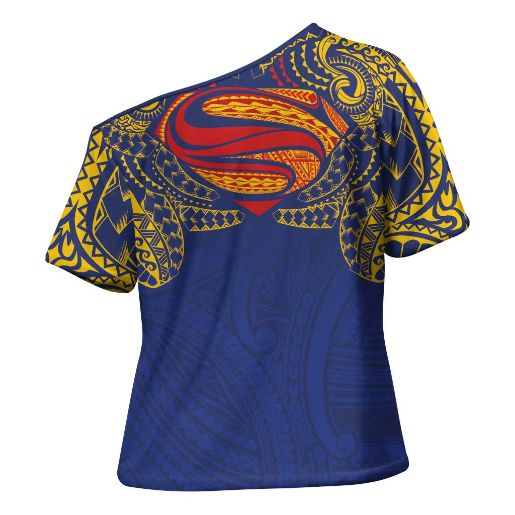 Super Samoan Traditional Tribal Art Tattoos Cross Shoulder Shirt Blue Color - Polynesian Pride