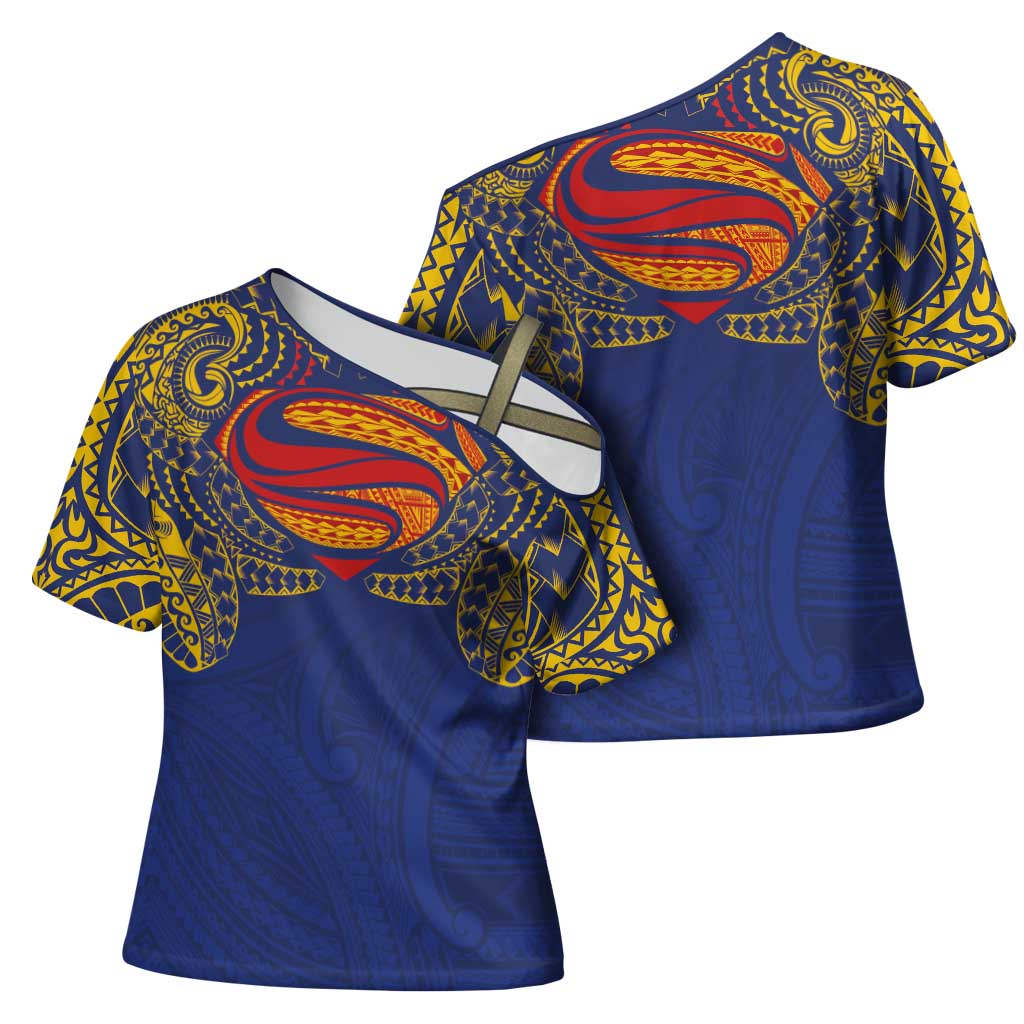 Super Samoan Traditional Tribal Art Tattoos Cross Shoulder Shirt Blue Color - Polynesian Pride