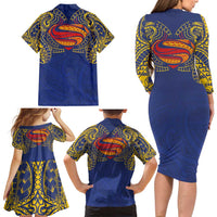 Super Samoan Traditional Tribal Art Tattoos Family Matching Long Sleeve Bodycon Dress and Hawaiian Shirt Blue Color - Polynesian Pride