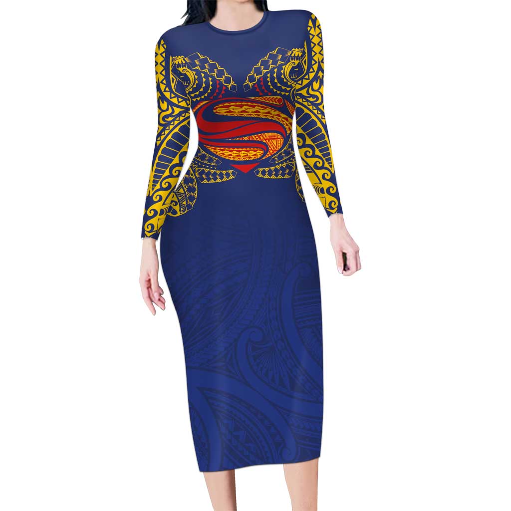 Super Samoan Traditional Tribal Art Tattoos Family Matching Long Sleeve Bodycon Dress and Hawaiian Shirt Blue Color - Polynesian Pride