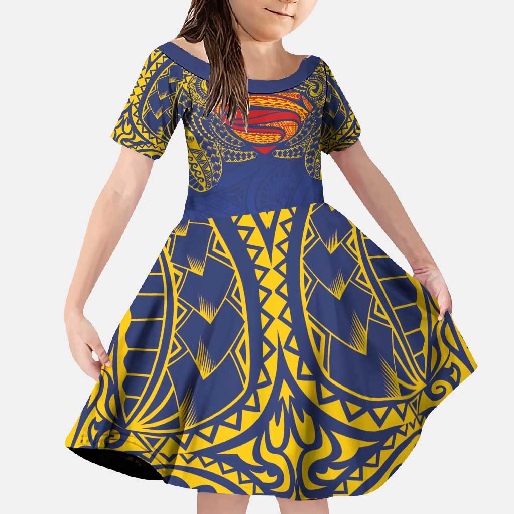 Super Samoan Traditional Tribal Art Tattoos Family Matching Off Shoulder Maxi Dress and Hawaiian Shirt Blue Color - Polynesian Pride