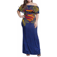 Super Samoan Traditional Tribal Art Tattoos Family Matching Off Shoulder Maxi Dress and Hawaiian Shirt Blue Color - Polynesian Pride