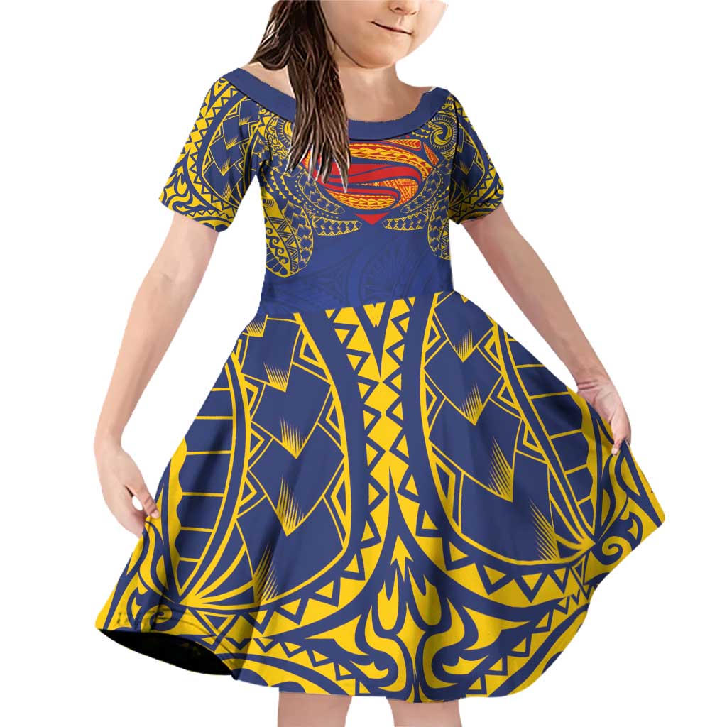 Super Samoan Traditional Tribal Art Tattoos Family Matching Off Shoulder Short Dress and Hawaiian Shirt Blue Color - Polynesian Pride