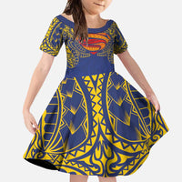 Super Samoan Traditional Tribal Art Tattoos Family Matching Short Sleeve Bodycon Dress and Hawaiian Shirt Blue Color - Polynesian Pride