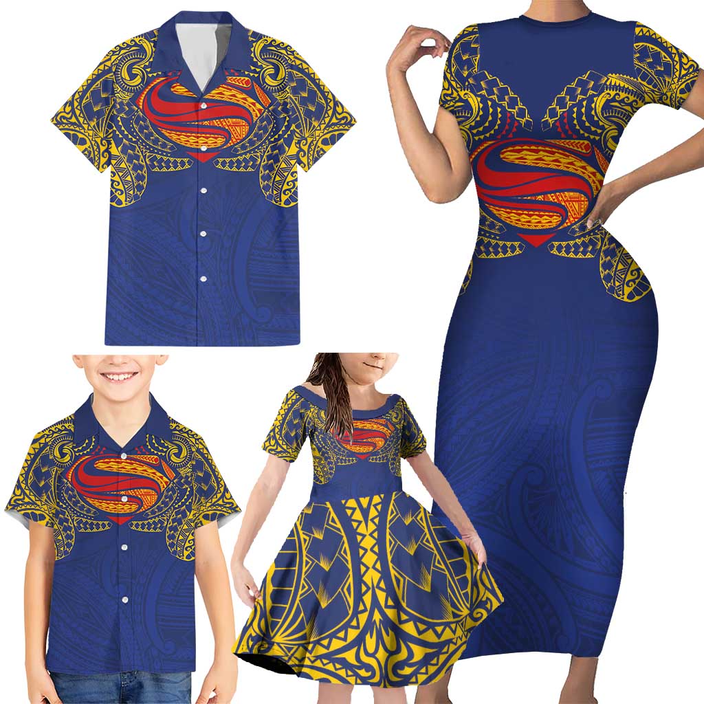 Super Samoan Traditional Tribal Art Tattoos Family Matching Short Sleeve Bodycon Dress and Hawaiian Shirt Blue Color - Polynesian Pride