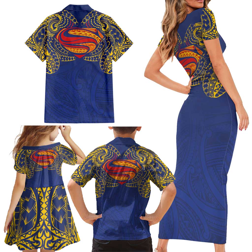 Super Samoan Traditional Tribal Art Tattoos Family Matching Short Sleeve Bodycon Dress and Hawaiian Shirt Blue Color - Polynesian Pride