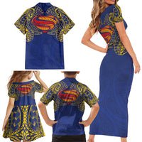 Super Samoan Traditional Tribal Art Tattoos Family Matching Short Sleeve Bodycon Dress and Hawaiian Shirt Blue Color - Polynesian Pride