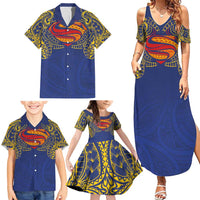 Super Samoan Traditional Tribal Art Tattoos Family Matching Summer Maxi Dress and Hawaiian Shirt Blue Color - Polynesian Pride