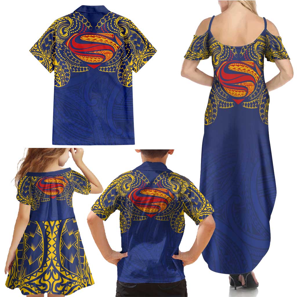 Super Samoan Traditional Tribal Art Tattoos Family Matching Summer Maxi Dress and Hawaiian Shirt Blue Color - Polynesian Pride