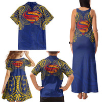 Super Samoan Traditional Tribal Art Tattoos Family Matching Tank Maxi Dress and Hawaiian Shirt Blue Color - Polynesian Pride