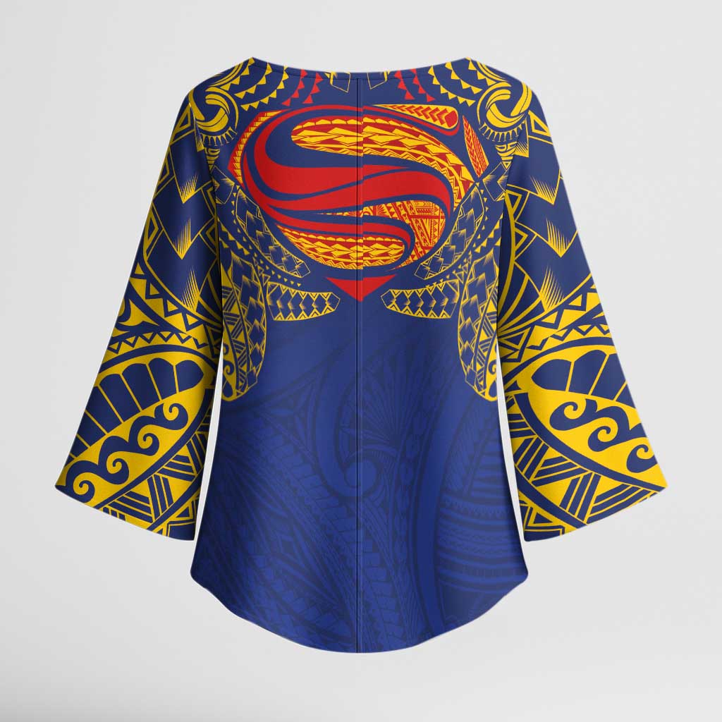 Super Samoan Traditional Tribal Art Tattoos Kimono Sleeve Blouse Blue Color - Polynesian Pride