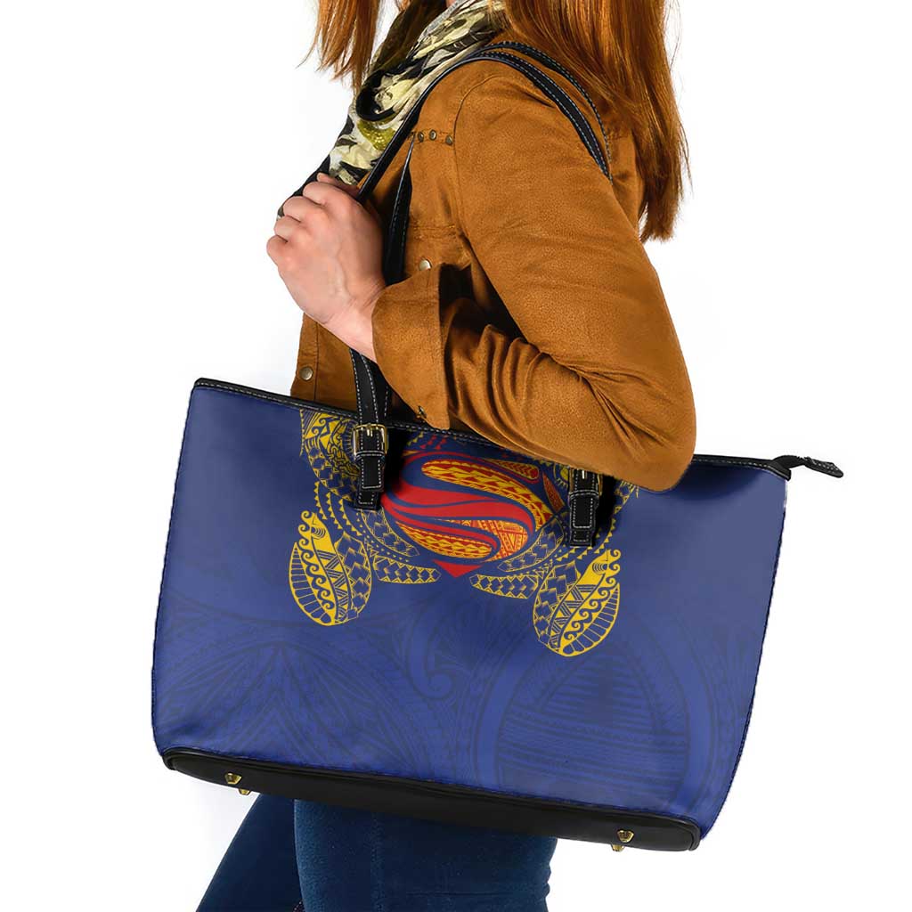 Super Samoan Traditional Tribal Art Tattoos Leather Tote Bag Blue Color LT03 Blue - Polynesian Pride