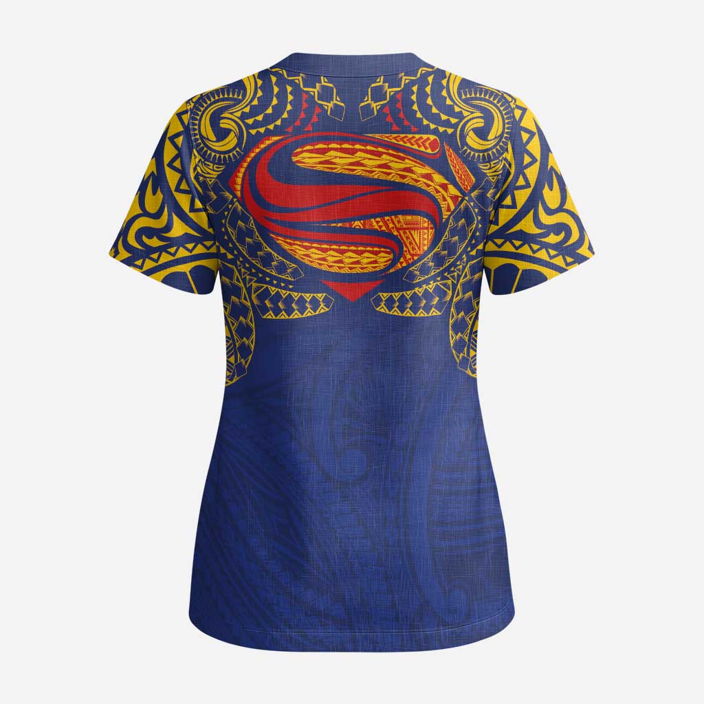 Super Samoan Traditional Tribal Art Tattoos Scrub Top Blue Color - Polynesian Pride