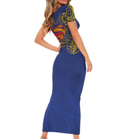 Super Samoan Traditional Tribal Art Tattoos Short Sleeve Bodycon Dress Blue Color LT03 - Polynesian Pride