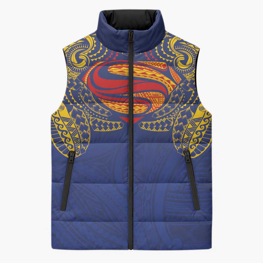 Super Samoan Traditional Tribal Art Tattoos Sleeveless Puffer Jacket Blue Color - Polynesian Pride