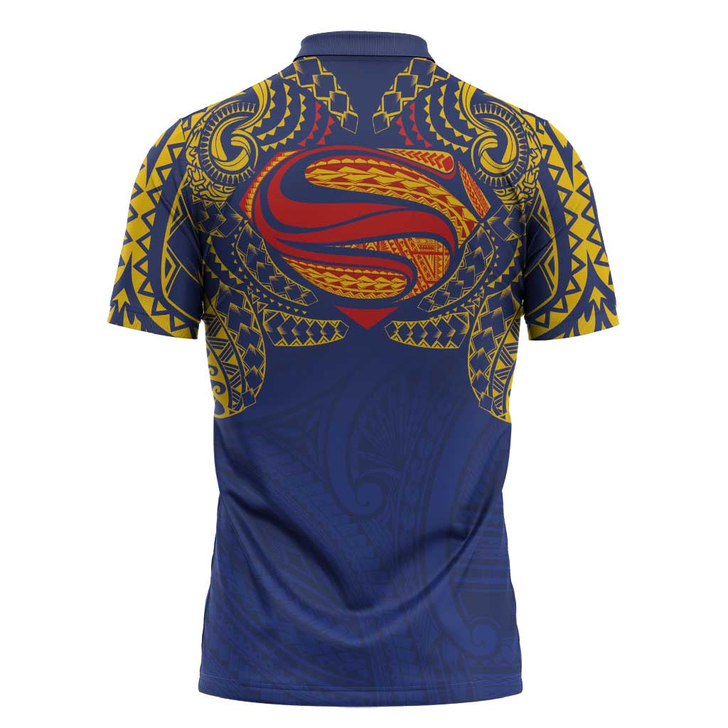 Super Samoan Traditional Tribal Art Tattoos Zipper Polo Shirt Blue Color - Polynesian Pride