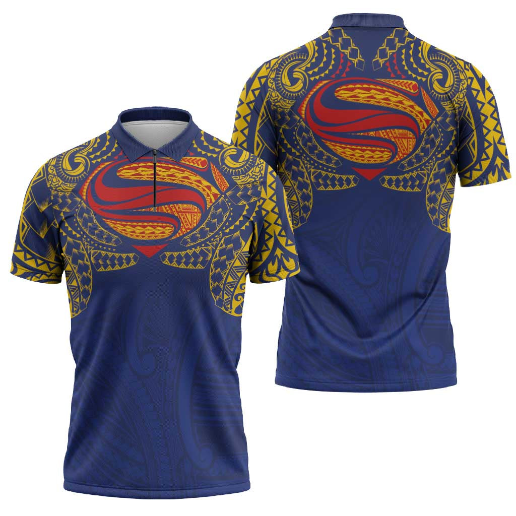 Super Samoan Traditional Tribal Art Tattoos Zipper Polo Shirt Blue Color - Polynesian Pride