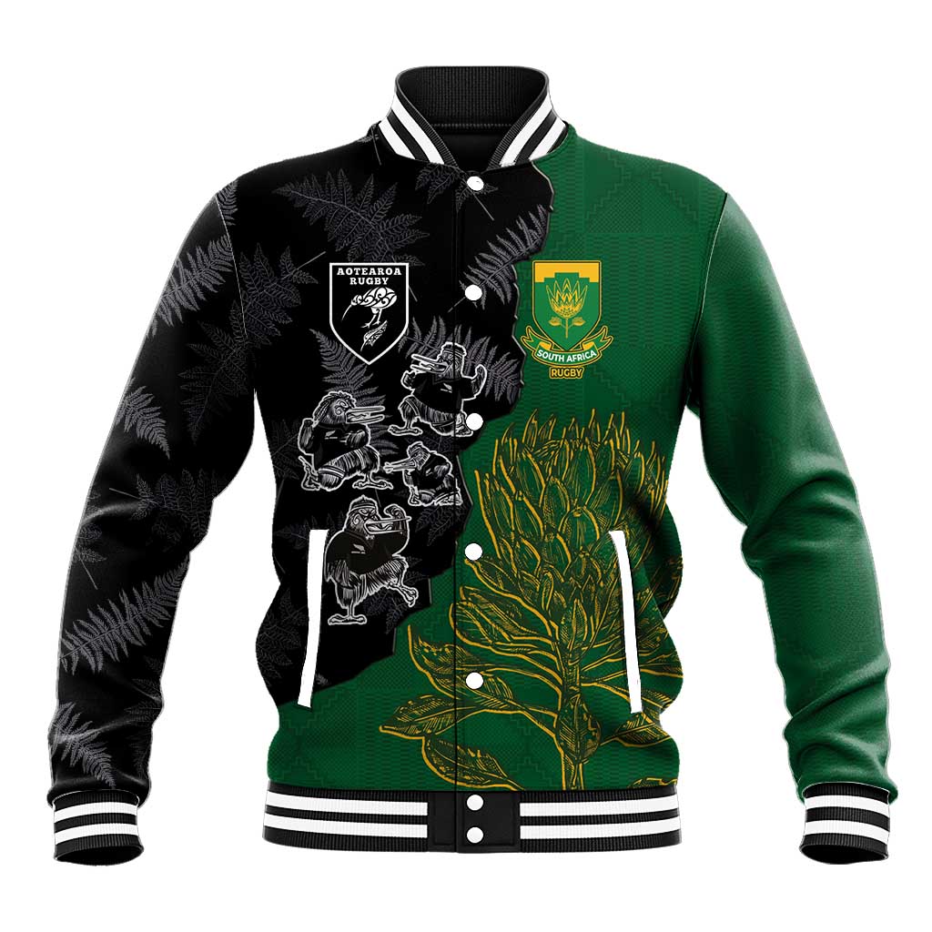 Custom Aotearoa South Africa Rugby Freedom Cup Baseball Jacket Kiwi Warriors Haka with King Protea Symbol LT03 Unisex Green - Polynesian Pride