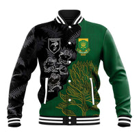 Custom Aotearoa South Africa Rugby Freedom Cup Baseball Jacket Kiwi Warriors Haka with King Protea Symbol LT03 Unisex Green - Polynesian Pride