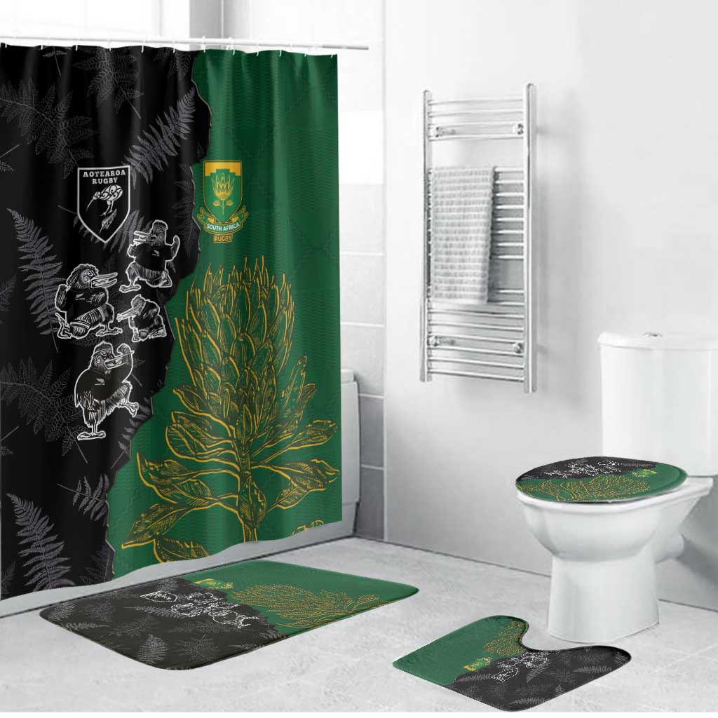 Aotearoa South Africa Rugby Freedom Cup Bathroom Set Kiwi Warriors Haka with King Protea Symbol - Polynesian Pride
