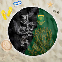 Aotearoa South Africa Rugby Freedom Cup Beach Blanket Kiwi Warriors Haka with King Protea Symbol - Polynesian Pride