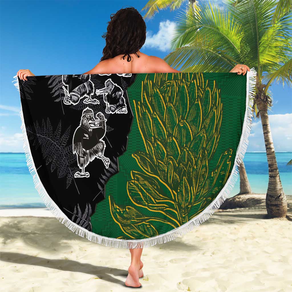 Aotearoa South Africa Rugby Freedom Cup Beach Blanket Kiwi Warriors Haka with King Protea Symbol - Polynesian Pride
