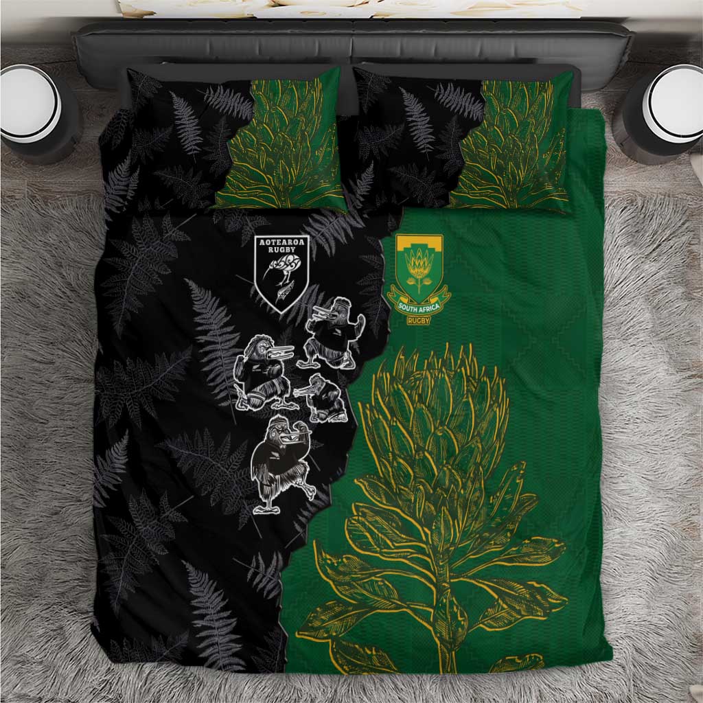 Aotearoa South Africa Rugby Freedom Cup Bedding Set Kiwi Warriors Haka with King Protea Symbol - Polynesian Pride