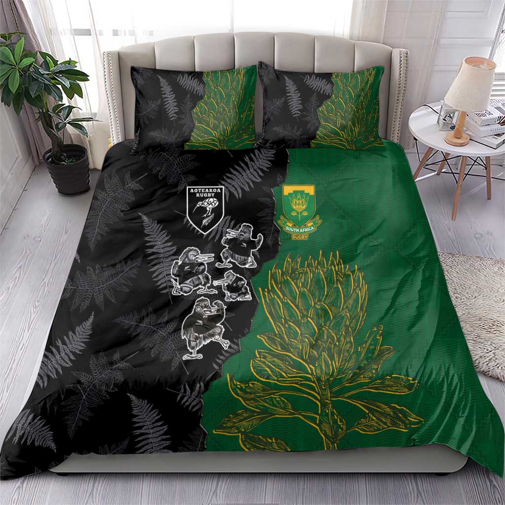 Aotearoa South Africa Rugby Freedom Cup Bedding Set Kiwi Warriors Haka with King Protea Symbol - Polynesian Pride