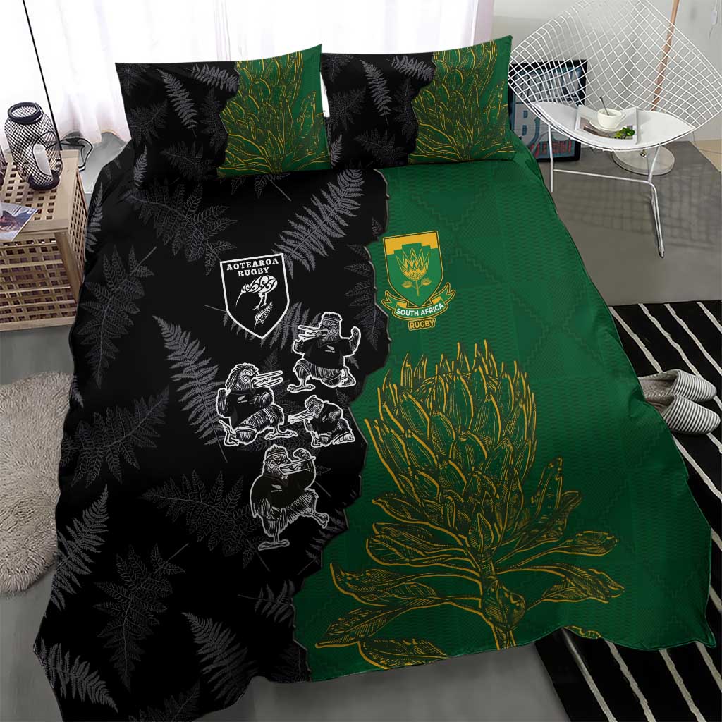 Aotearoa South Africa Rugby Freedom Cup Bedding Set Kiwi Warriors Haka with King Protea Symbol - Polynesian Pride