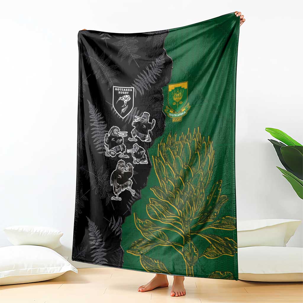 Aotearoa South Africa Rugby Freedom Cup Blanket Kiwi Warriors Haka with King Protea Symbol - Polynesian Pride