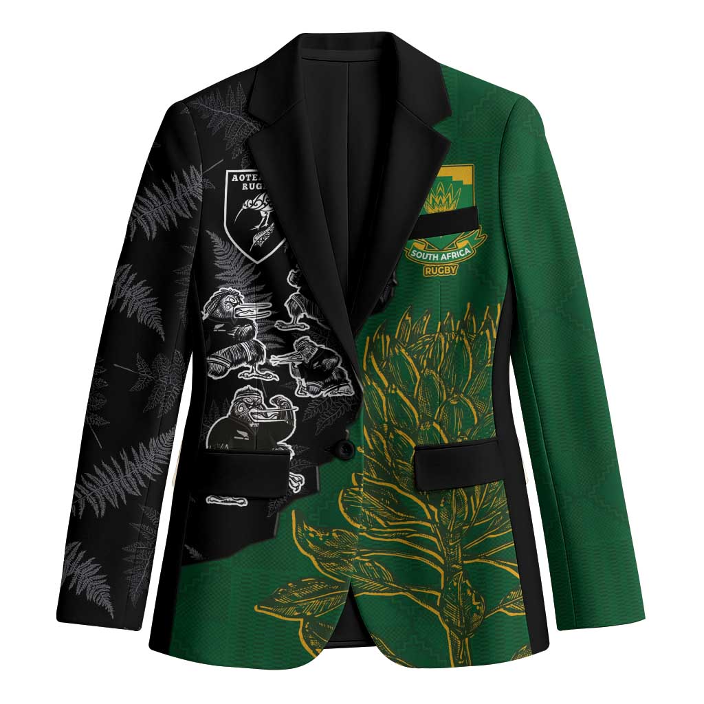 Custom Aotearoa South Africa Rugby Freedom Cup Blazer Kiwi Warriors Haka with King Protea Symbol - Polynesian Pride