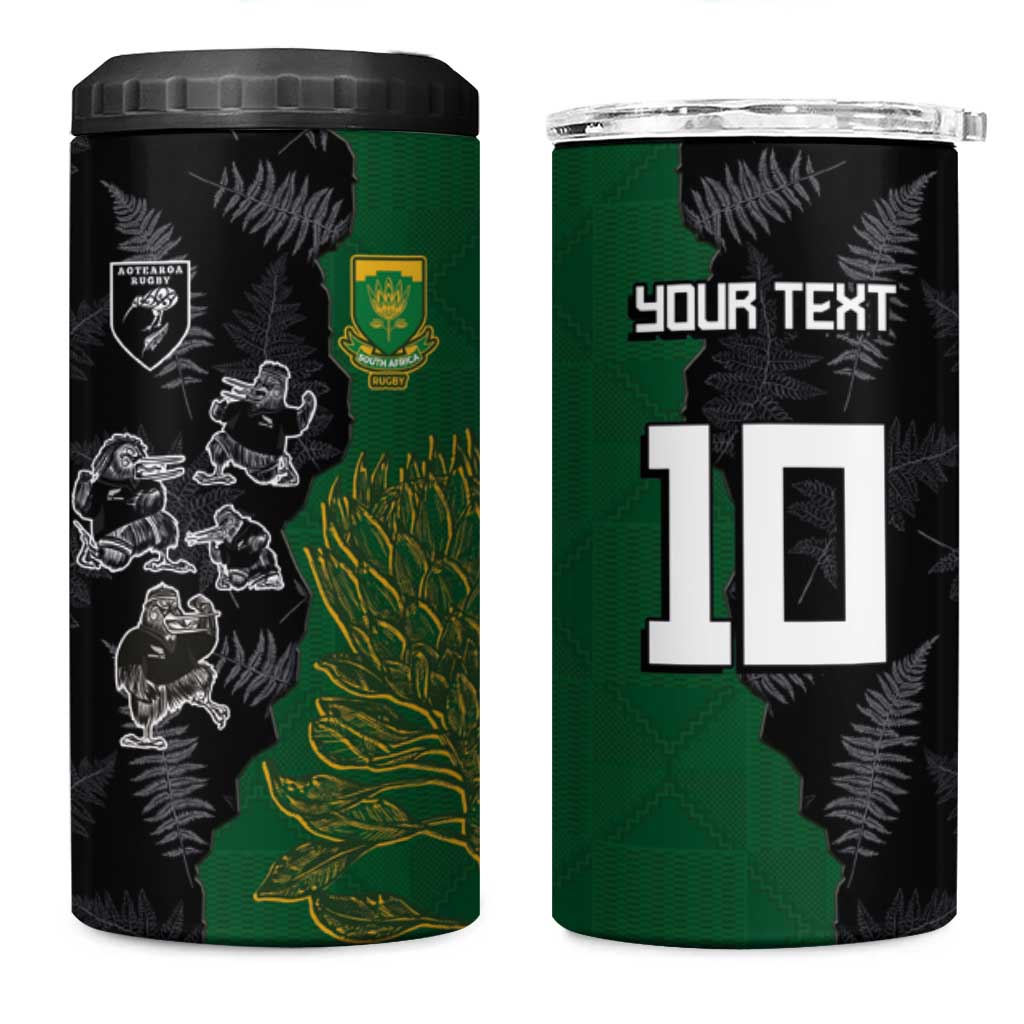 Custom Aotearoa South Africa Rugby Freedom Cup 4 in 1 Can Cooler Tumbler Kiwi Warriors Haka with King Protea Symbol - Polynesian Pride