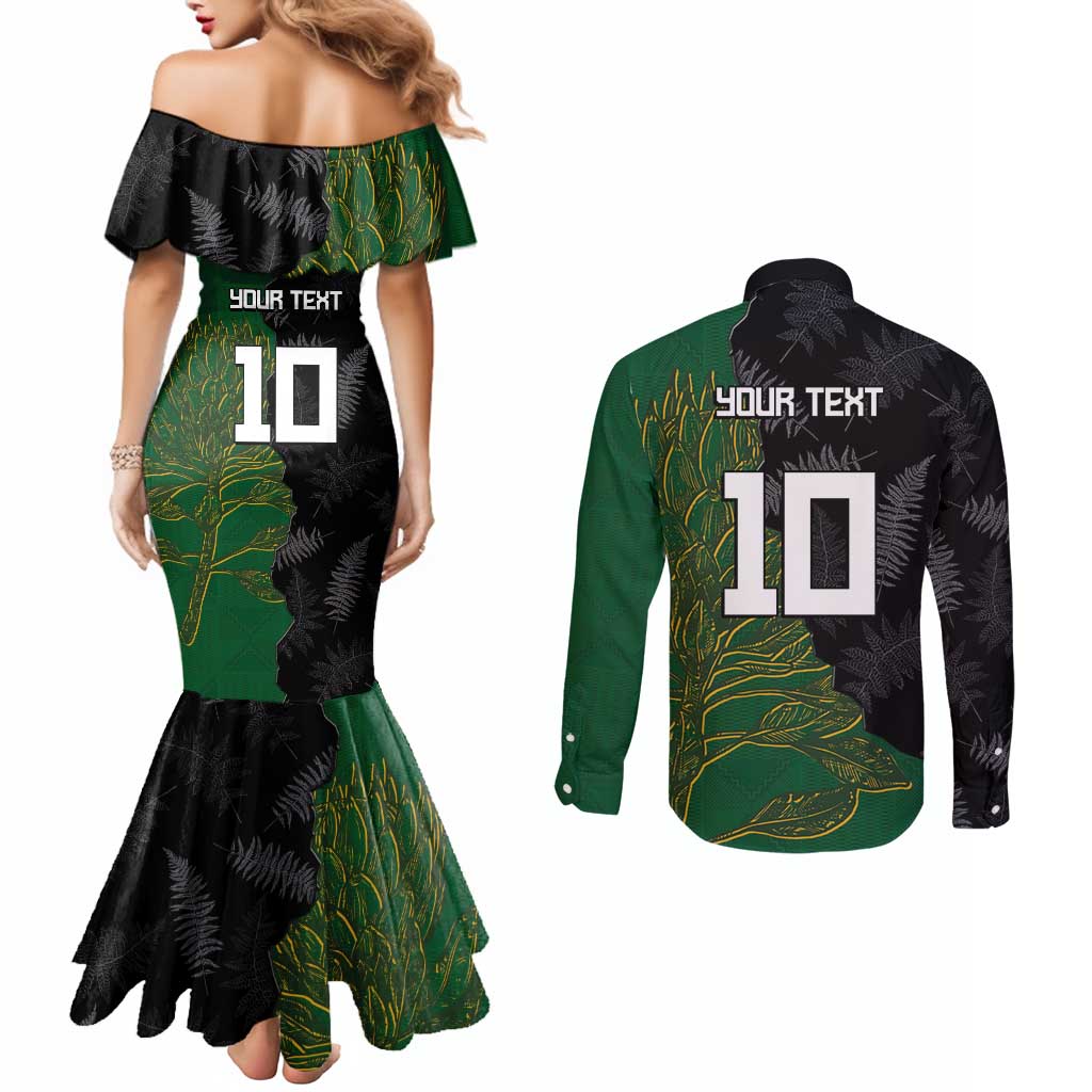 Custom Aotearoa South Africa Rugby Freedom Cup Couples Matching Mermaid Dress and Long Sleeve Button Shirt Kiwi Warriors Haka with King Protea Symbol LT03 - Polynesian Pride