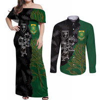 Custom Aotearoa South Africa Rugby Freedom Cup Couples Matching Off Shoulder Maxi Dress and Long Sleeve Button Shirt Kiwi Warriors Haka with King Protea Symbol - Polynesian Pride