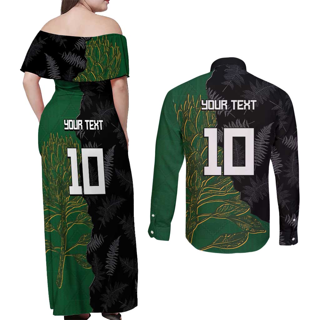 Custom Aotearoa South Africa Rugby Freedom Cup Couples Matching Off Shoulder Maxi Dress and Long Sleeve Button Shirt Kiwi Warriors Haka with King Protea Symbol - Polynesian Pride